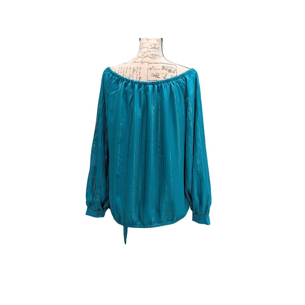 Vince Camuto Metallic Striped Off Shoulder Tie Hem Blouse XL Teal - Picture 5 of 8
